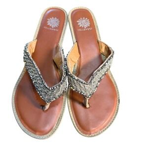 Yellow Box Yvonne Tan Leather Beaded Wedge Flip Flop Sandals Silver Studs 8